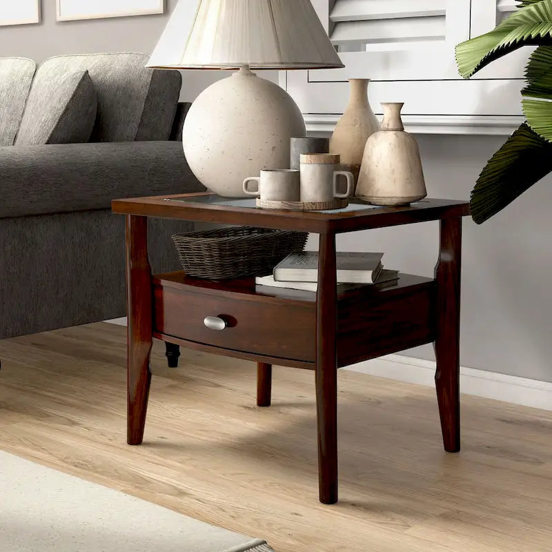 Genoas Traditional Walnut 27-inch Glasstop 1-Drawer End Table by Furniture of America