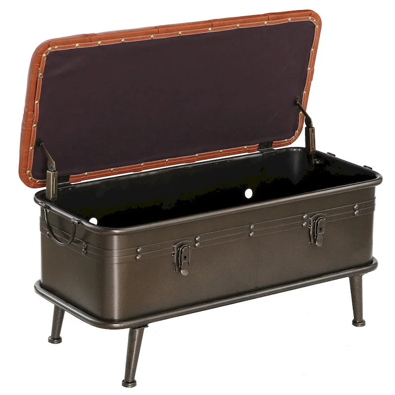 River of Goods Tan Tufted Faux Leather and Distressed Metal 17-inch High Storage Bench