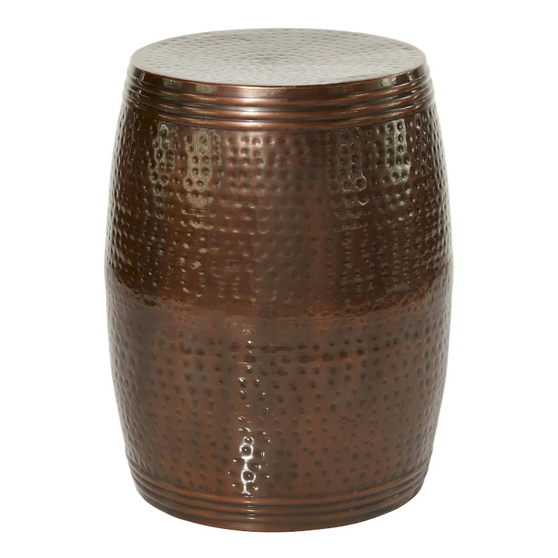 Metal Handmade Drum Shaped Accent Table with Hammered Design - Brown, Silver, Copper, Gold - Roche River Decor