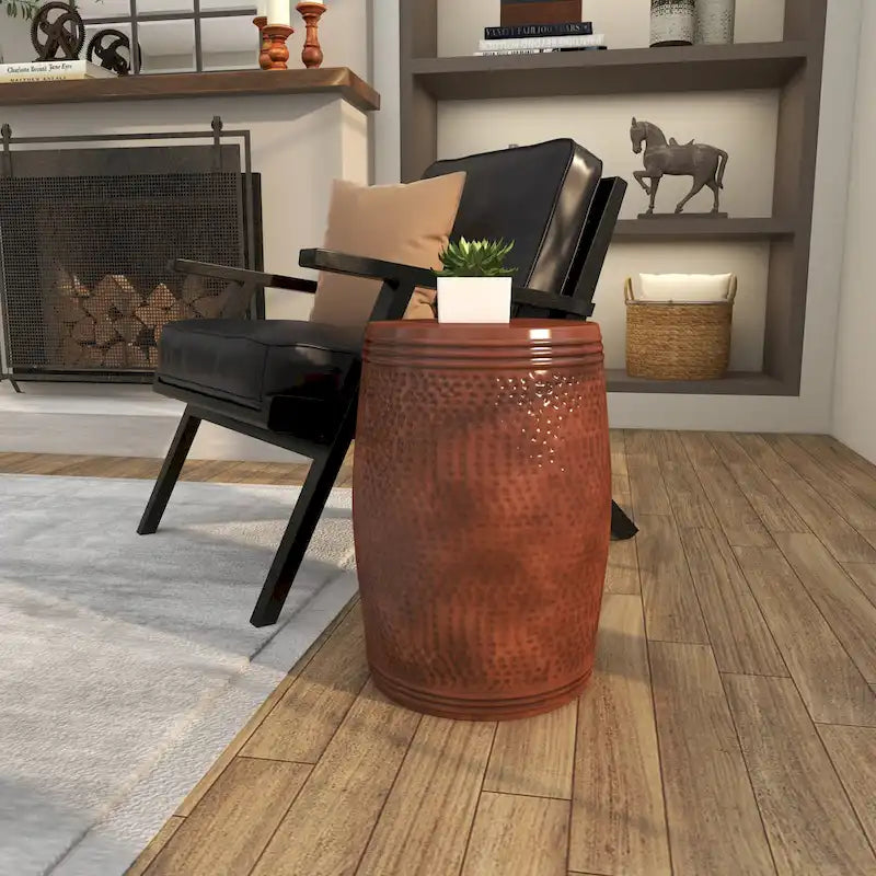 Metal Handmade Drum Shaped Accent Table with Hammered Design - Brown, Silver, Copper, Gold - Roche River Decor