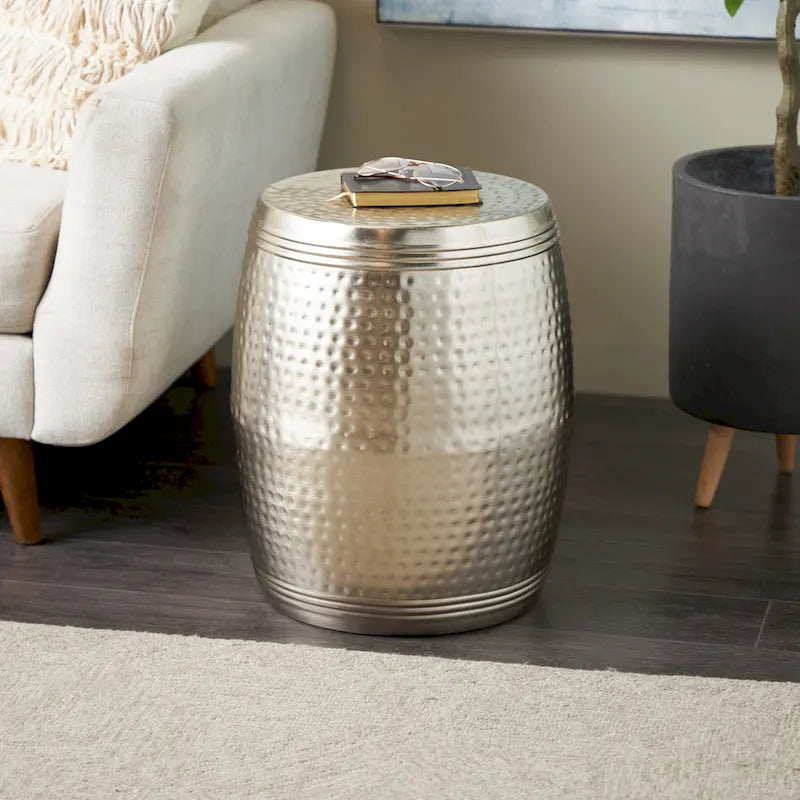 Metal Handmade Drum Shaped Accent Table with Hammered Design - Brown, Silver, Copper, Gold - Roche River Decor