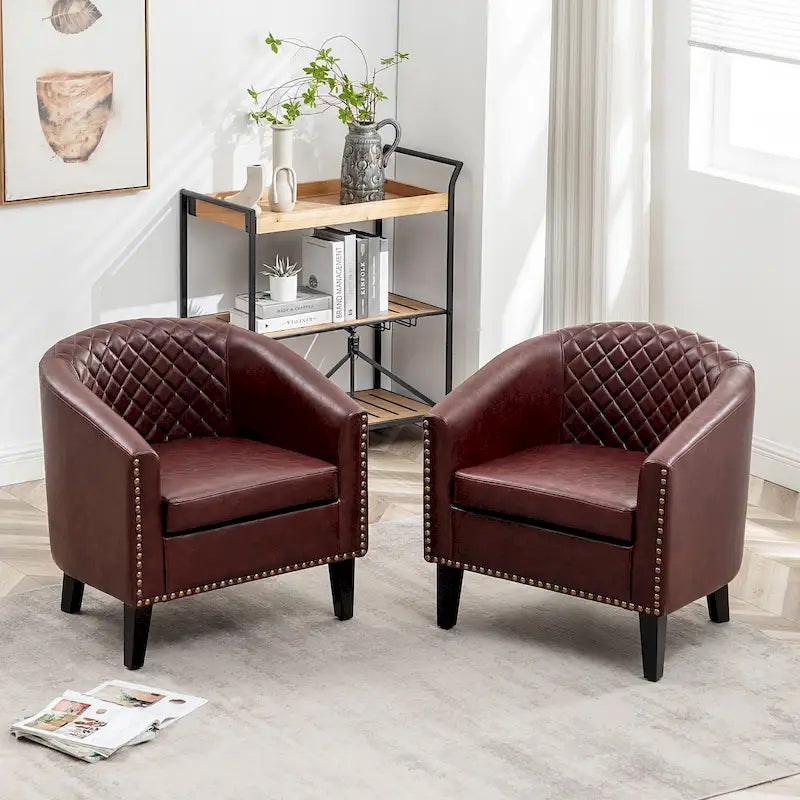 KINWELL 29 PU Faux Leather Club Armchair with Nailheads, Set of 2