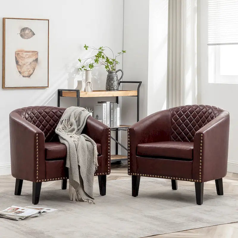 KINWELL 29 PU Faux Leather Club Armchair with Nailheads, Set of 2