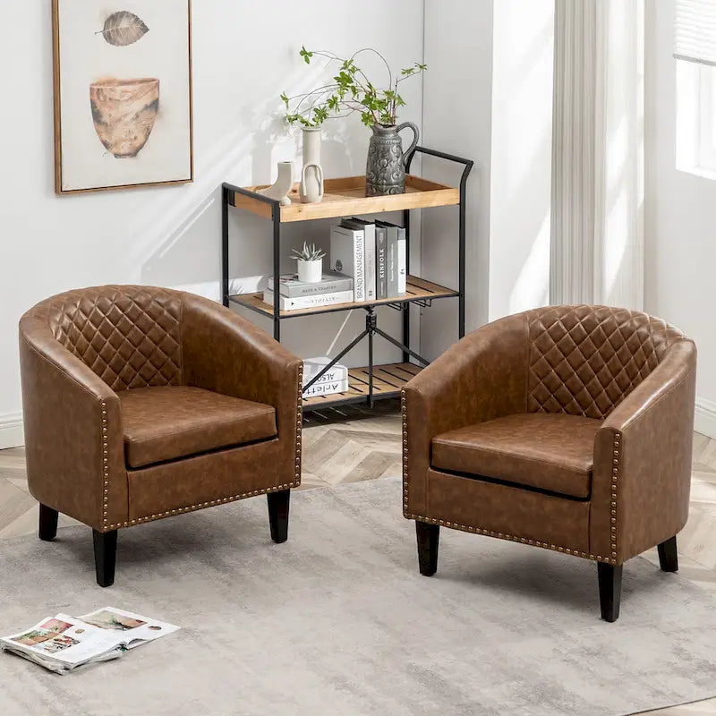 KINWELL 29 PU Faux Leather Club Armchair with Nailheads, Set of 2
