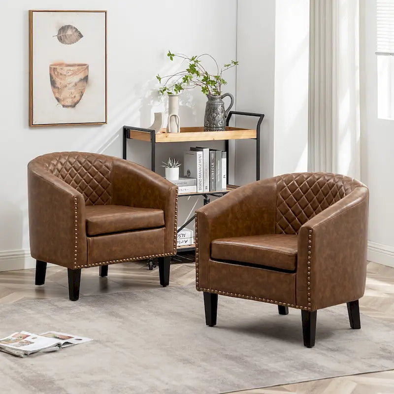KINWELL 29 PU Faux Leather Club Armchair with Nailheads, Set of 2