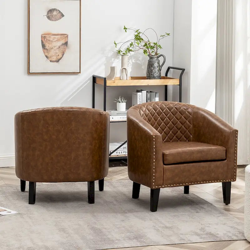 KINWELL 29 PU Faux Leather Club Armchair with Nailheads, Set of 2