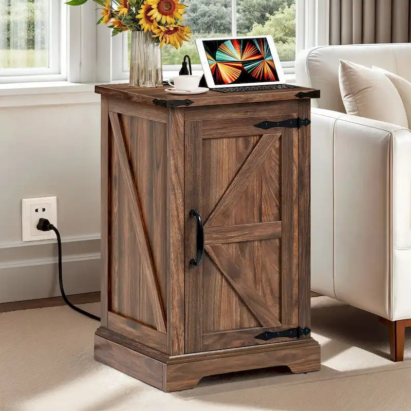Moasis Farmhouse End Table with Charging Station, End Table with Power Outlets and USB Ports