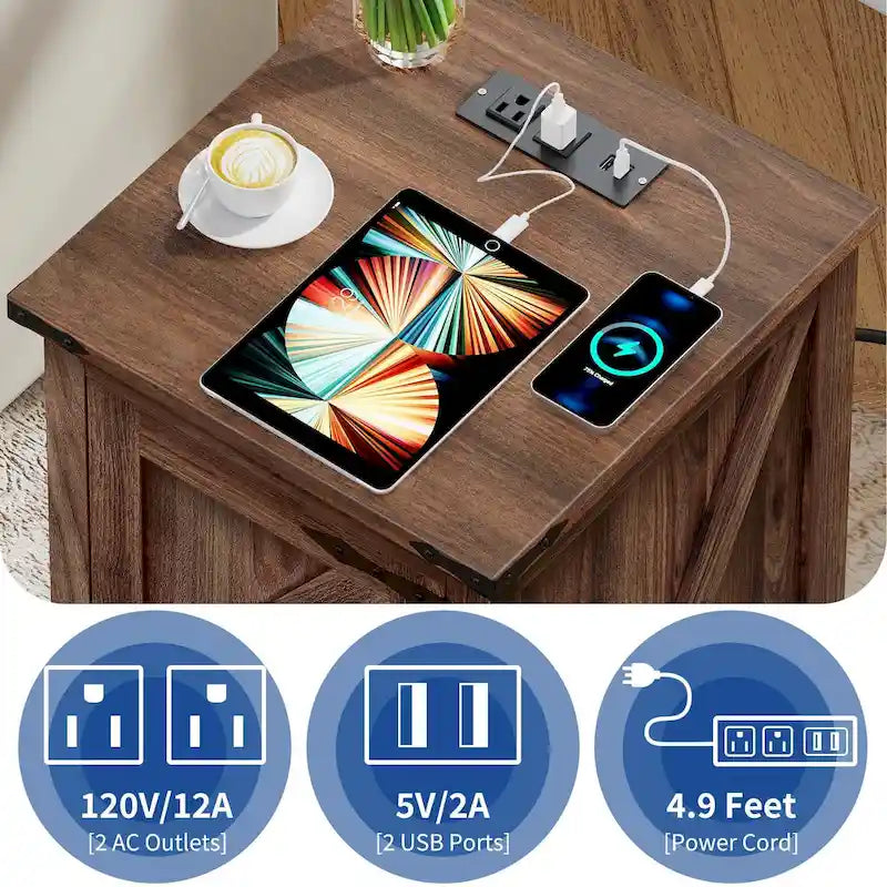 Moasis Farmhouse End Table with Charging Station, End Table with Power Outlets and USB Ports