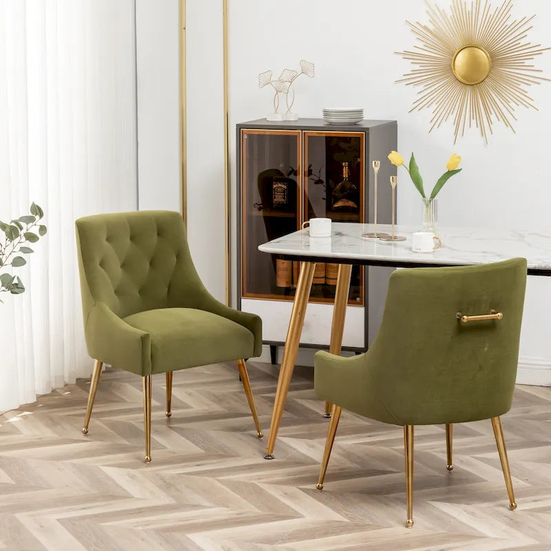 SEYNAR Modern Boucle Velvet Upholstered Accent Dining Chair Set of 2 Tufted Back Armless Chair with Golden Legs