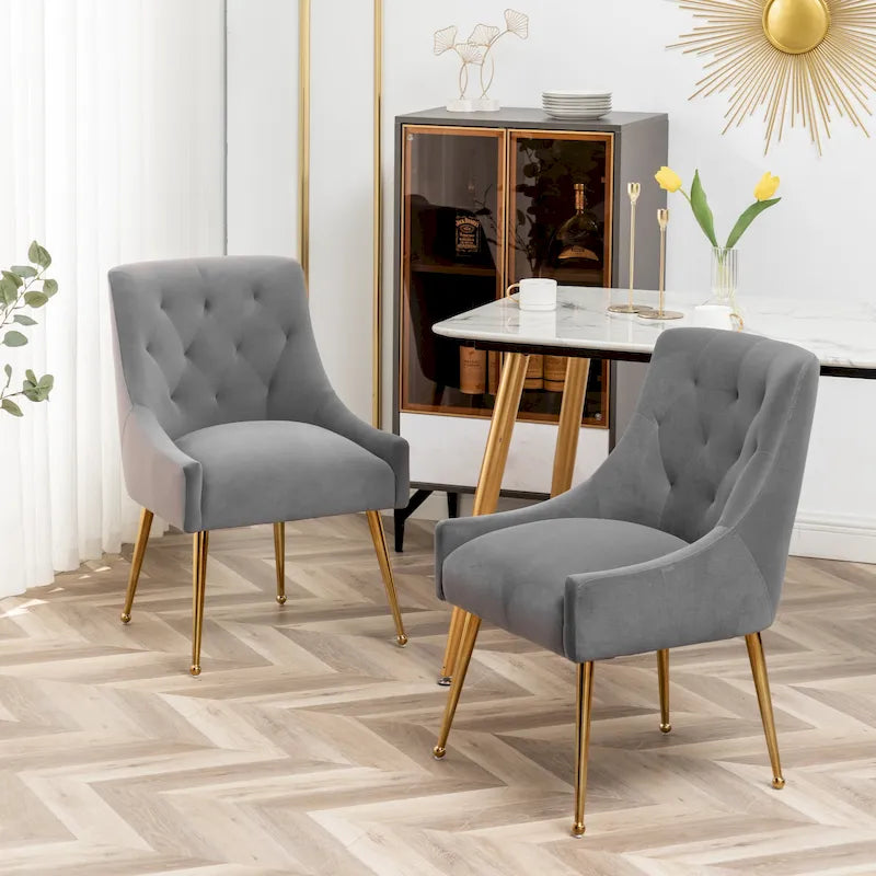 SEYNAR Modern Boucle Velvet Upholstered Accent Dining Chair Set of 2 Tufted Back Armless Chair with Golden Legs