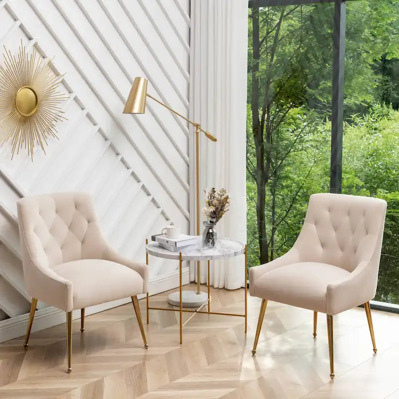 SEYNAR Modern Boucle Velvet Upholstered Accent Dining Chair Set of 2 Tufted Back Armless Chair with Golden Legs