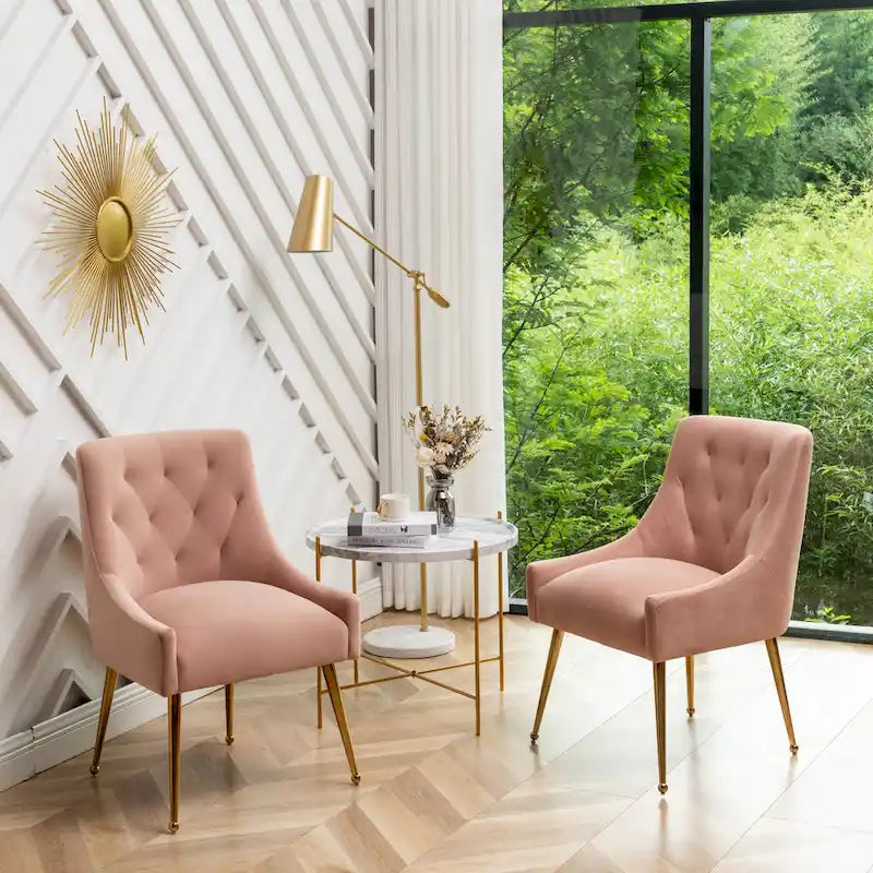 SEYNAR Modern Boucle Velvet Upholstered Accent Dining Chair Set of 2 Tufted Back Armless Chair with Golden Legs