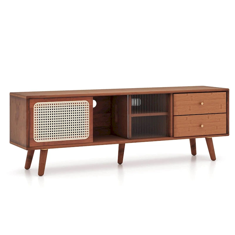 Bamboo TV Stand Console Table with PE Rattan Door & 2 Drawers