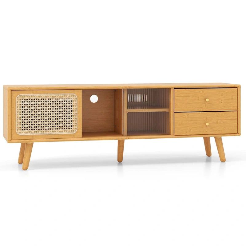 Bamboo TV Stand Console Table with PE Rattan Door & 2 Drawers