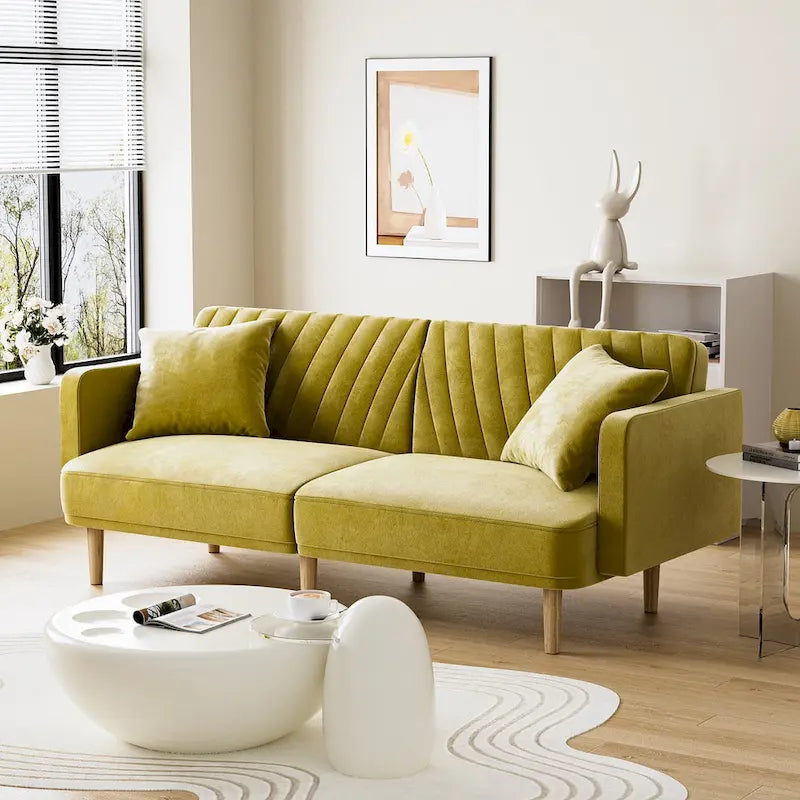 Upholstered Tufted Convertible Futon Sofa Bed, Velvet Sleeper Couch, 3 Seater Tufted Sofa with Adjustable Backrests