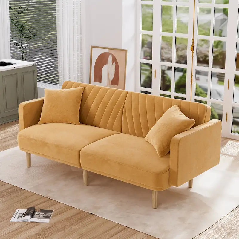Upholstered Tufted Convertible Futon Sofa Bed, Velvet Sleeper Couch, 3 Seater Tufted Sofa with Adjustable Backrests