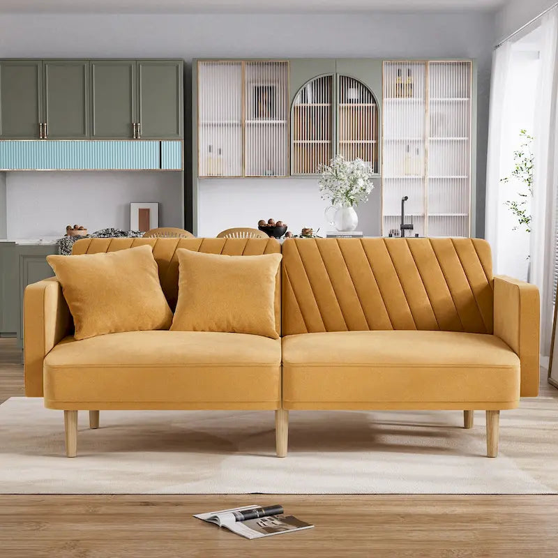 Upholstered Tufted Convertible Futon Sofa Bed, Velvet Sleeper Couch, 3 Seater Tufted Sofa with Adjustable Backrests