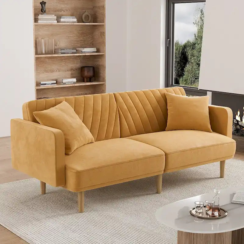 Upholstered Tufted Convertible Futon Sofa Bed, Velvet Sleeper Couch, 3 Seater Tufted Sofa with Adjustable Backrests