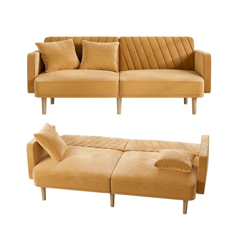 Upholstered Tufted Convertible Futon Sofa Bed, Velvet Sleeper Couch, 3 Seater Tufted Sofa with Adjustable Backrests