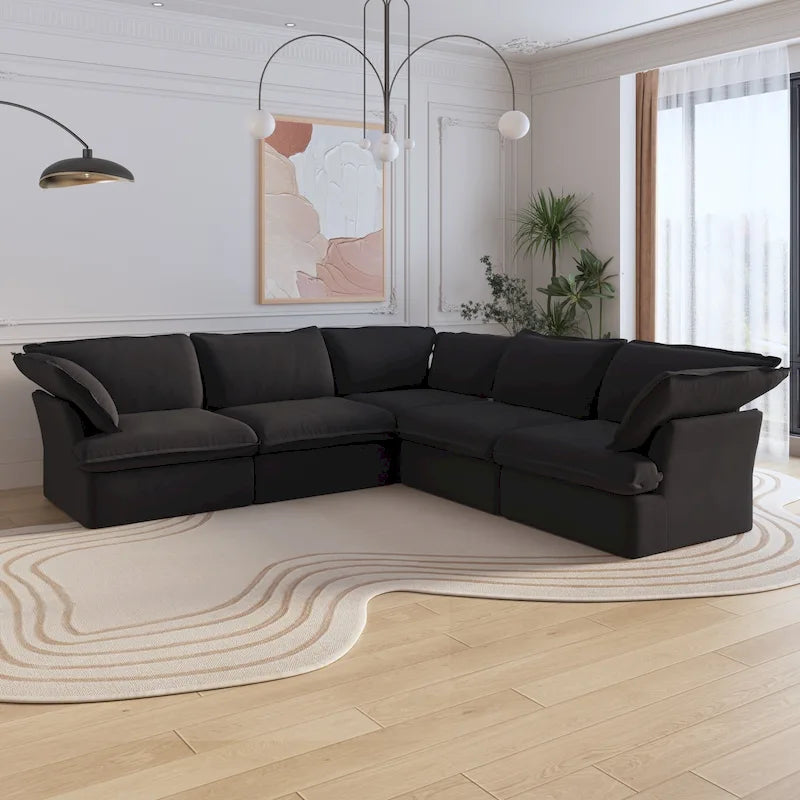 Modern Linen Upholstered Corner Sectional Sofa L-shaped Modular 5-Piece Couch with Ottoman