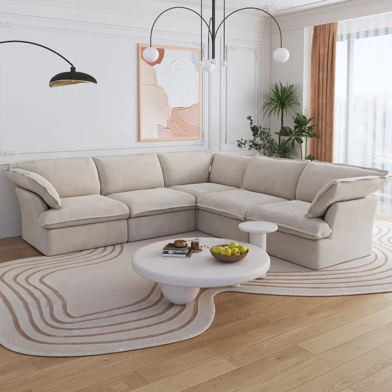 Modern Linen Upholstered Corner Sectional Sofa L-shaped Modular 5-Piece Couch with Ottoman
