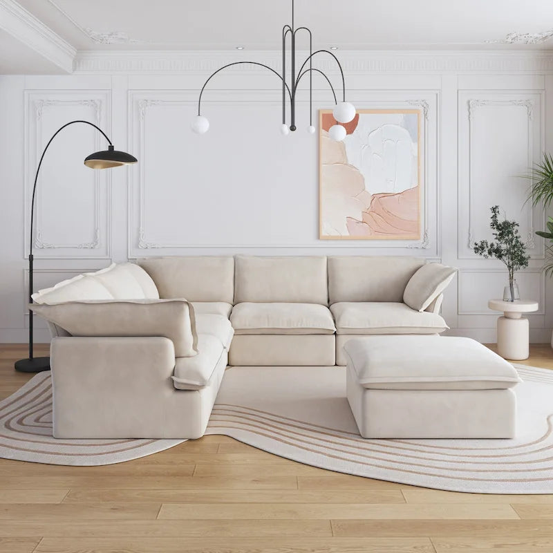 Modern Linen Upholstered Corner Sectional Sofa L-shaped Modular 5-Piece Couch with Ottoman