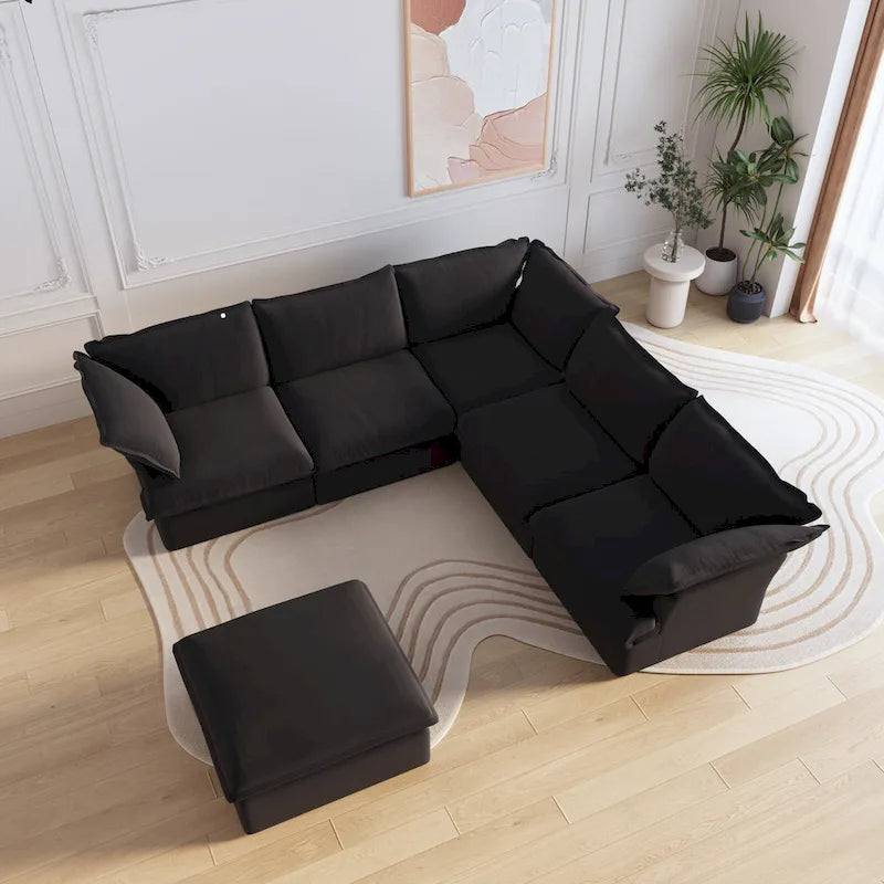 Modern Linen Upholstered Corner Sectional Sofa L-shaped Modular 5-Piece Couch with Ottoman