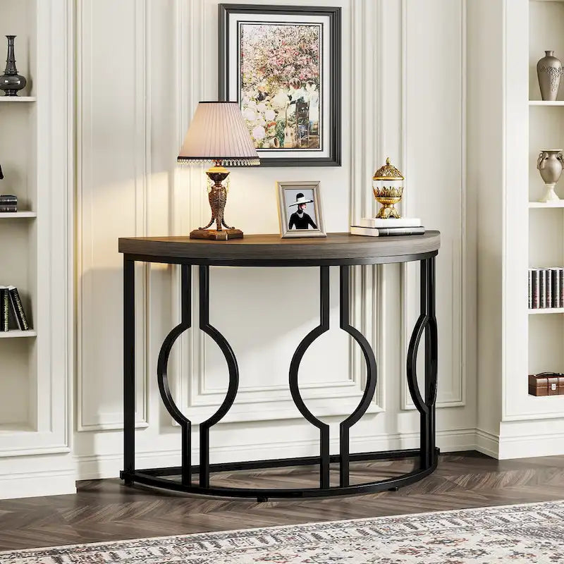 Half Moon Console Table for Entryway, Semi Circle Sofa Table with Geometric Base