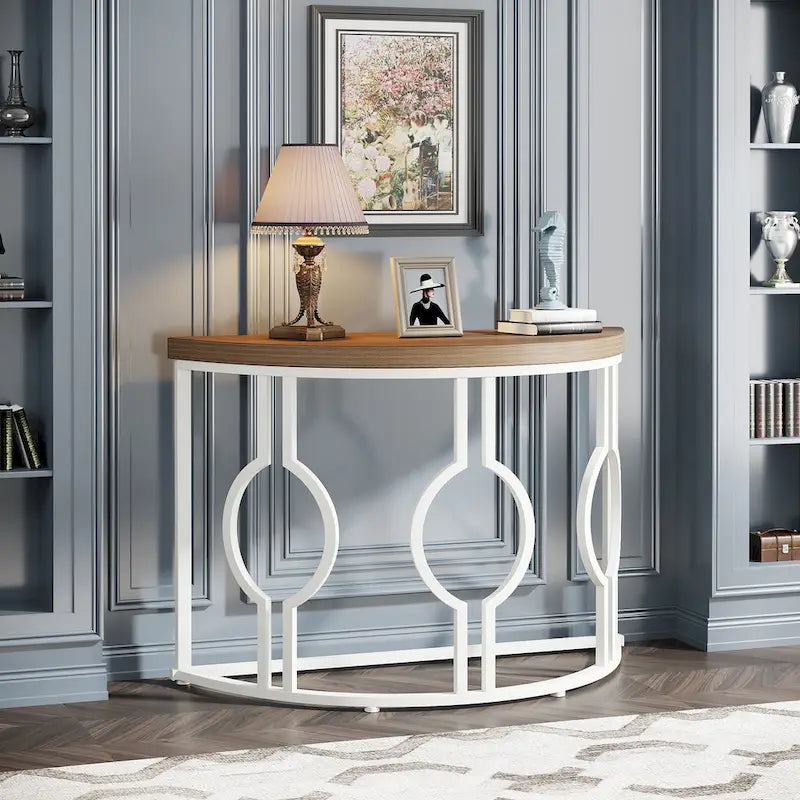 Half Moon Console Table for Entryway, Semi Circle Sofa Table with Geometric Base