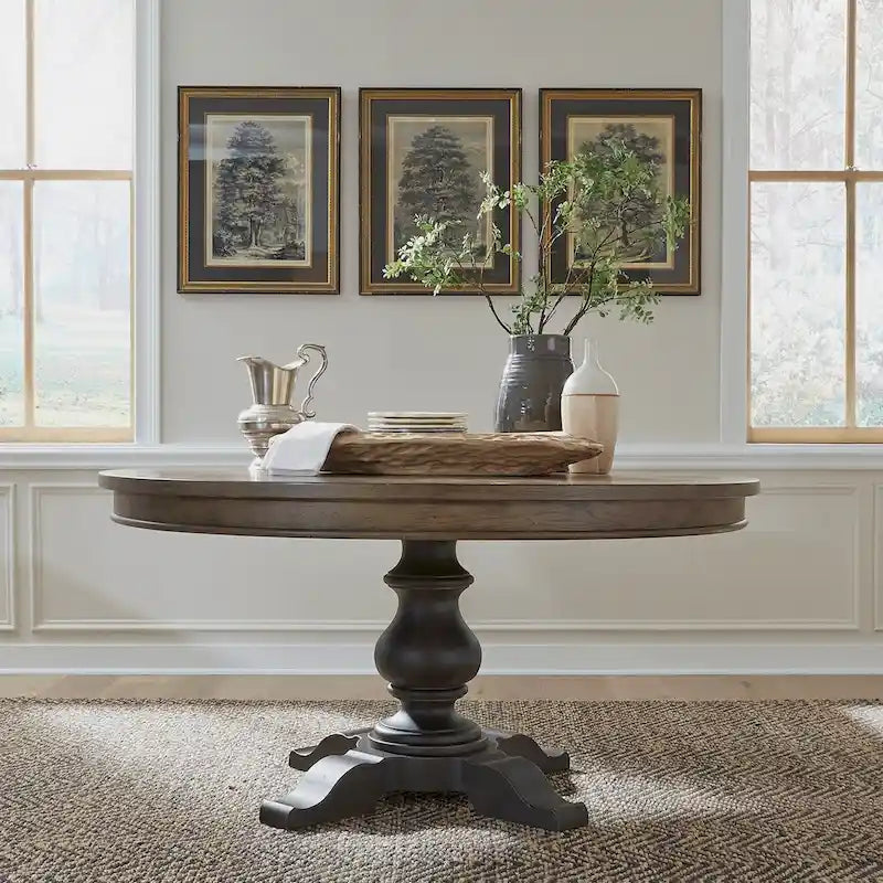 Americana Farmhouse Pedestal Table for Dining Room Oak Wood Top