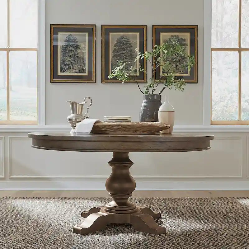 Americana Farmhouse Pedestal Table for Dining Room Oak Wood Top