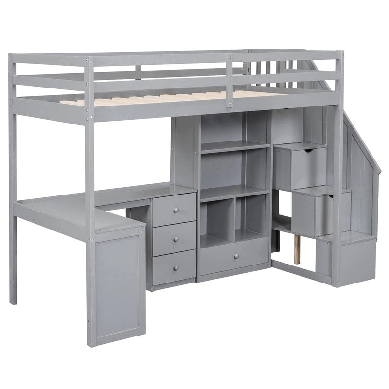 Twin Size Loft Bed with L-Shaped Desk and Drawers, Cabinet and Storage Staircase