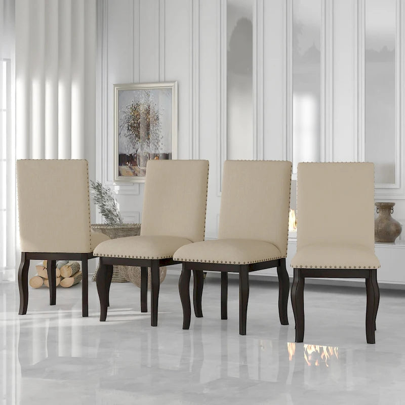 Set of 4 Wooden Upholstered Dining Chairs with Nailhead