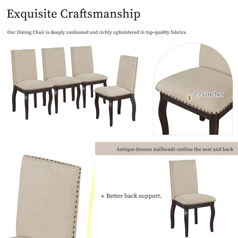 Set of 4 Wooden Upholstered Dining Chairs with Nailhead