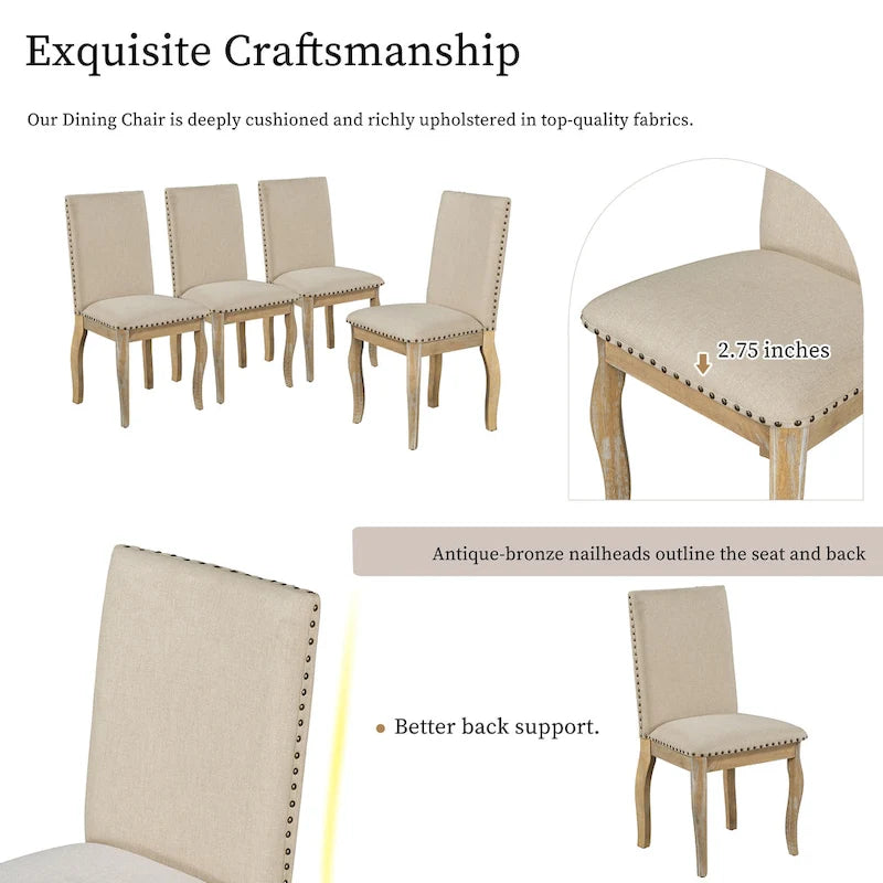 Set of 4 Wooden Upholstered Dining Chairs with Nailhead
