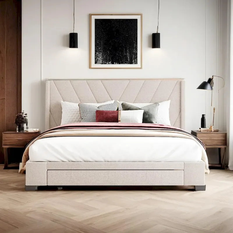 Queen Size Storage Bed Linen Upholstered Platform Bed with 3 Drawers