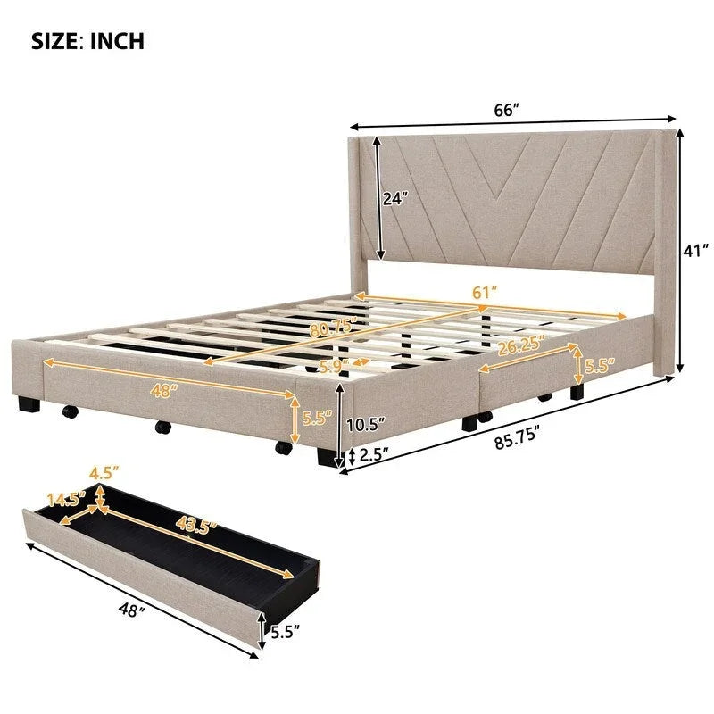 Queen Size Storage Bed Linen Upholstered Platform Bed with 3 Drawers
