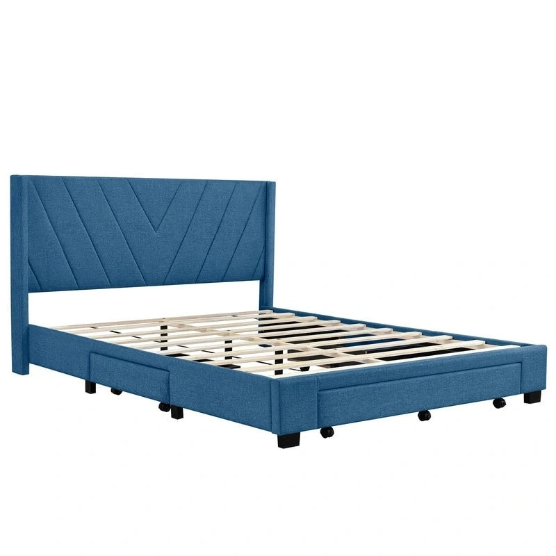 Queen Size Storage Bed Linen Upholstered Platform Bed with 3 Drawers
