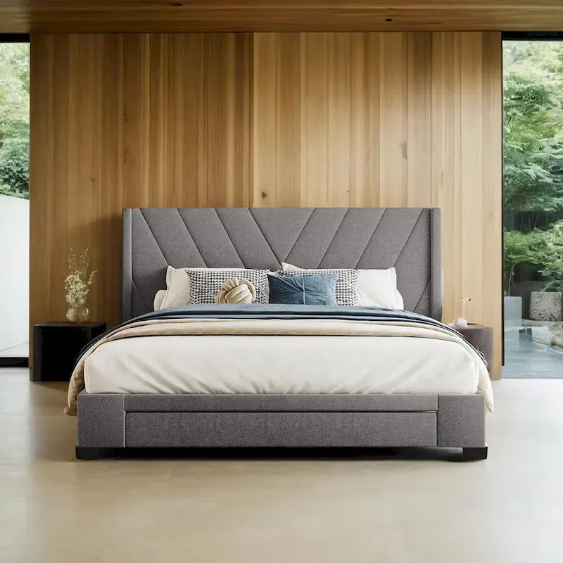 Queen Size Storage Bed Linen Upholstered Platform Bed with 3 Drawers