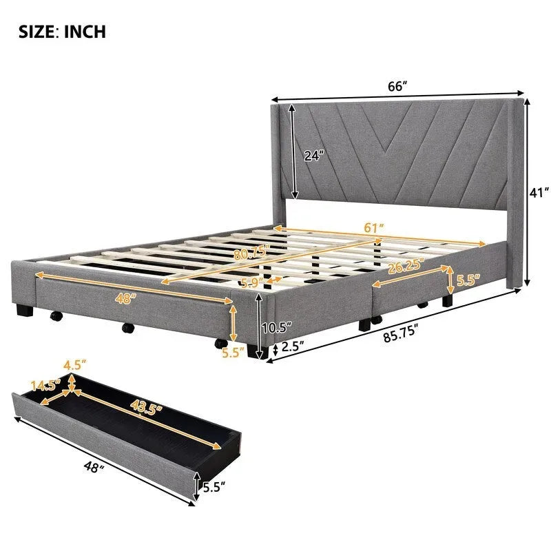 Queen Size Storage Bed Linen Upholstered Platform Bed with 3 Drawers
