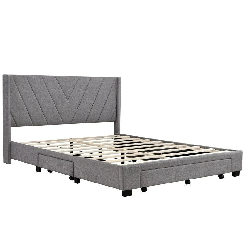 Queen Size Storage Bed Linen Upholstered Platform Bed with 3 Drawers