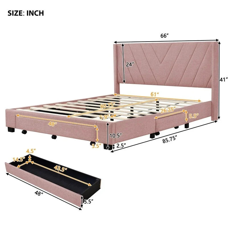 Queen Size Storage Bed Linen Upholstered Platform Bed with 3 Drawers