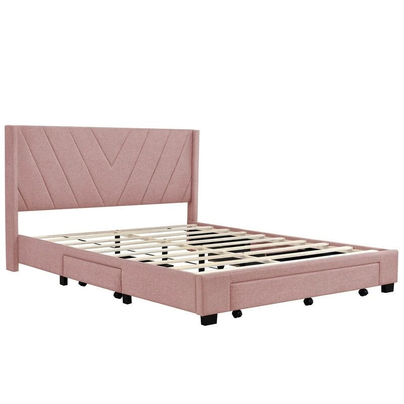 Queen Size Storage Bed Linen Upholstered Platform Bed with 3 Drawers