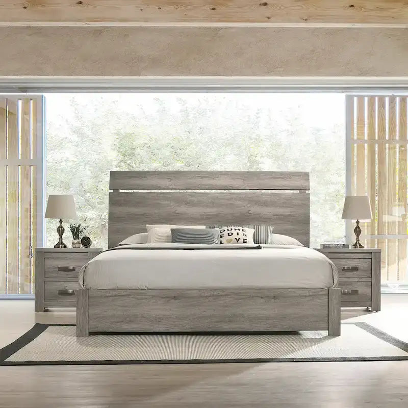 Roundhill Furniture Floren Contemporary Weathered Gray Wood 3-Piece Bedroom Set, Panel Bed with 2 Nightstands