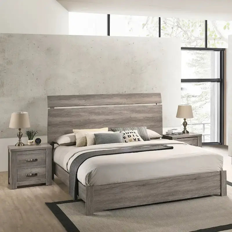 Roundhill Furniture Floren Contemporary Weathered Gray Wood 3-Piece Bedroom Set, Panel Bed with 2 Nightstands
