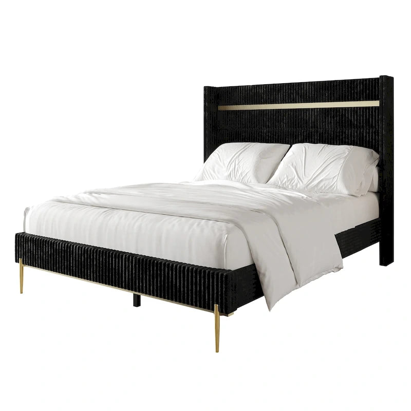 CraftPorch Corduroy Luxurious Gold PU Strip Wingback Velvet Upholstered Bed