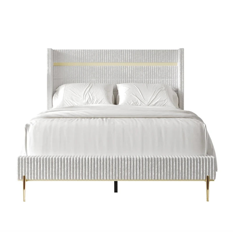 CraftPorch Corduroy Luxurious Gold PU Strip Wingback Velvet Upholstered Bed