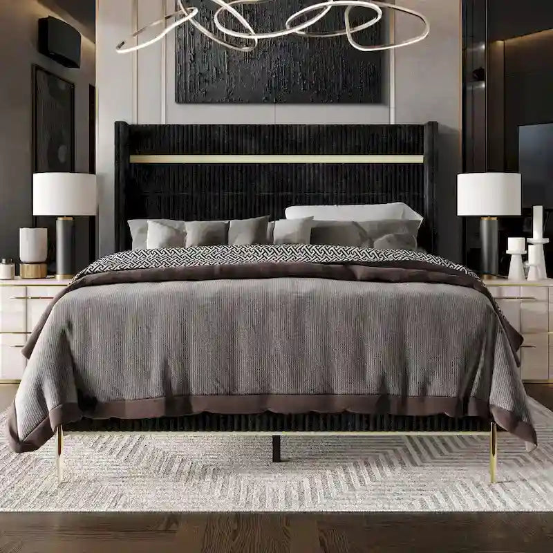 CraftPorch Corduroy Luxurious Gold PU Strip Wingback Velvet Upholstered Bed