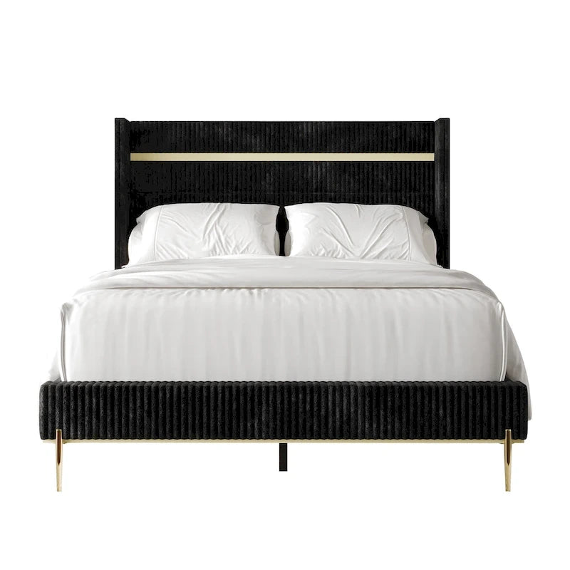 CraftPorch Corduroy Luxurious Gold PU Strip Wingback Velvet Upholstered Bed