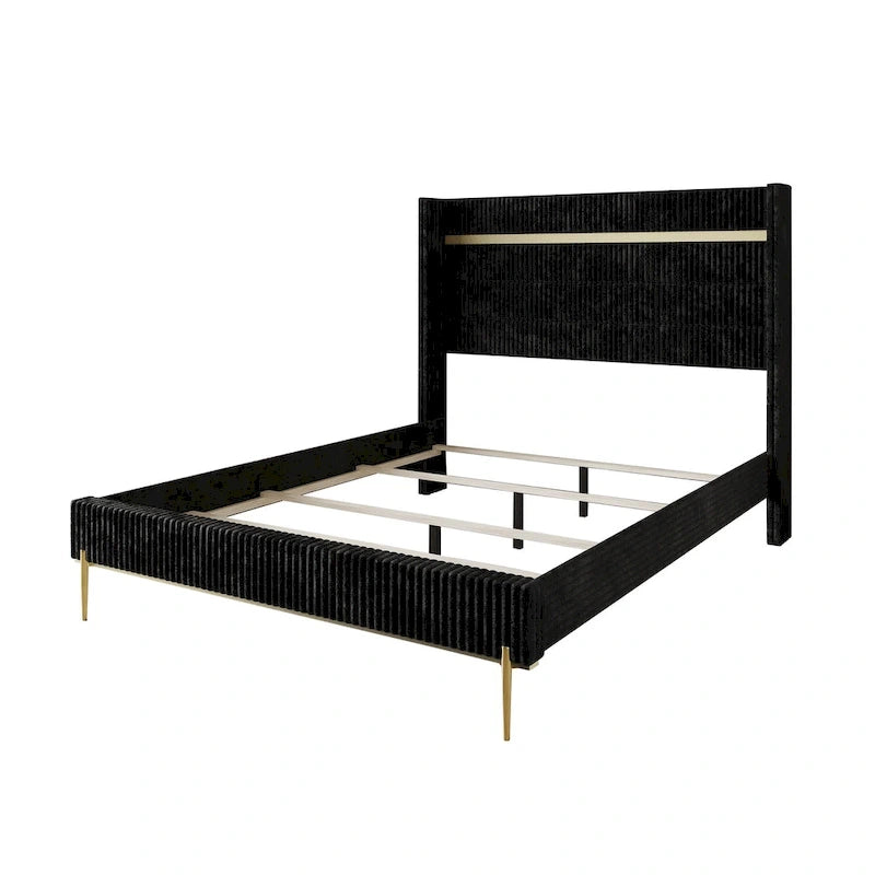 CraftPorch Corduroy Luxurious Gold PU Strip Wingback Velvet Upholstered Bed